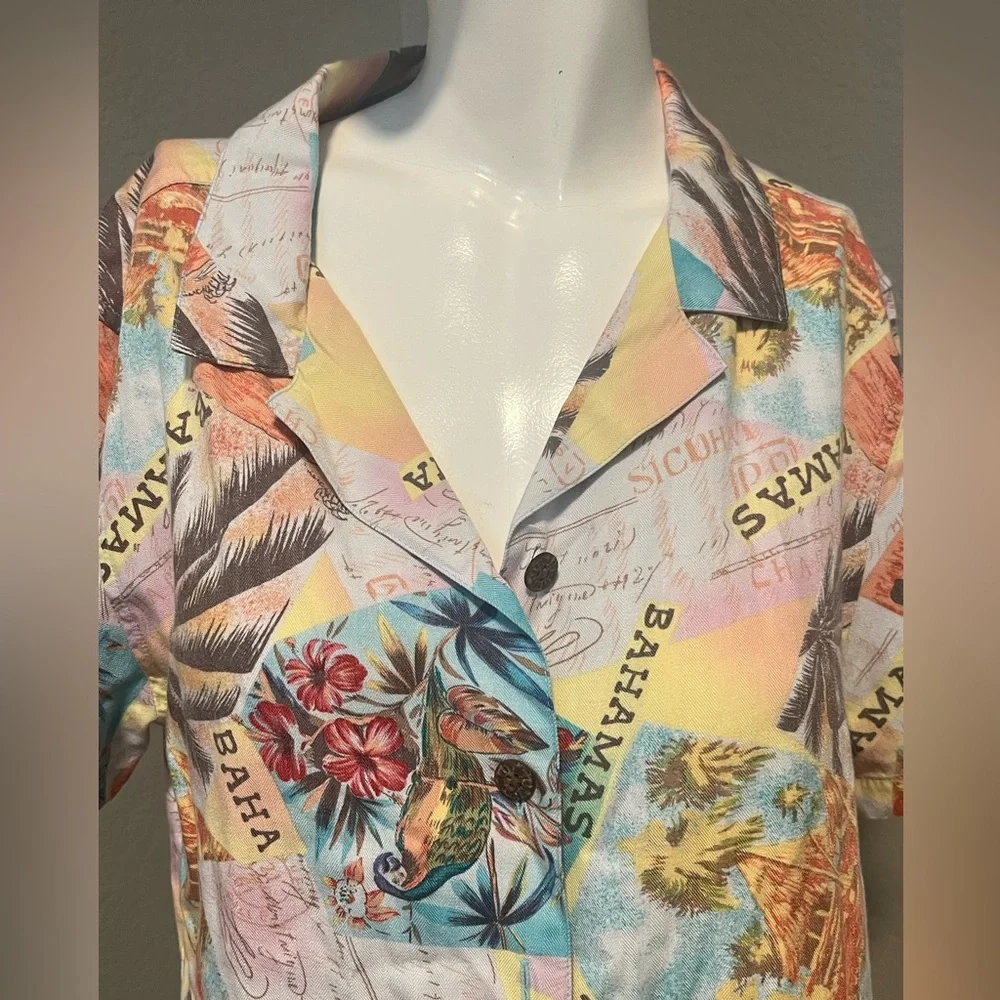 Caribbean Joe Women’s Multicolor Tropical Bahamas SS Button-Down Shirt Size L - Picture 4 of 12